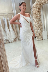 White Beaded One-Shoulder Cutout Wedding Dress